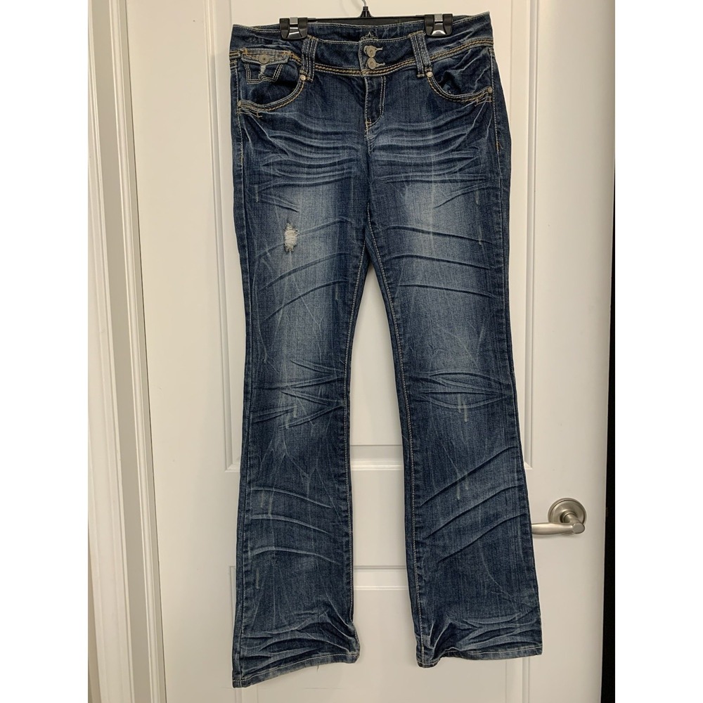 Y2K Low Rise Bootcut Jeans 34 Flare Whiskered Distressed Pocket Flap Grunge